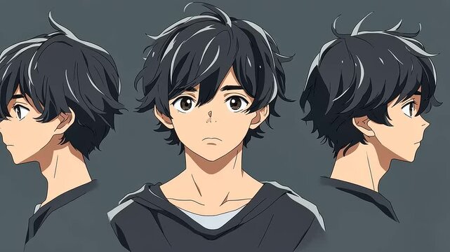 Anime Boy Character Design:  Three-Quarter View, Side Profiles, Dark Hair, Youthful Appearance