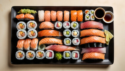 Assorted sushi and sashimi platter with salmon, tuna and cucumber rolls on black rectangular plate with soy sauce cups and chopsticks