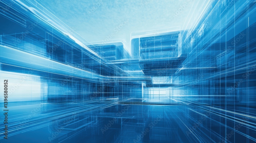 Poster a futuristic digital landscape with intersecting lines and translucent structures, predominantly in 