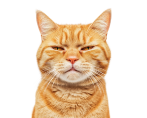 Angry Orange Cat Expression - A grumpy orange cat with sharp eyes and a furious look on a transparent background. Perfect for meme templates, character designs, and emotional animal content.