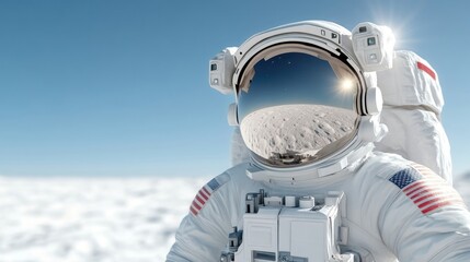 An astronaut in a spacesuit standing on the moons surface, clear blue sky in the background, reflective helmet, and space exploration concept.