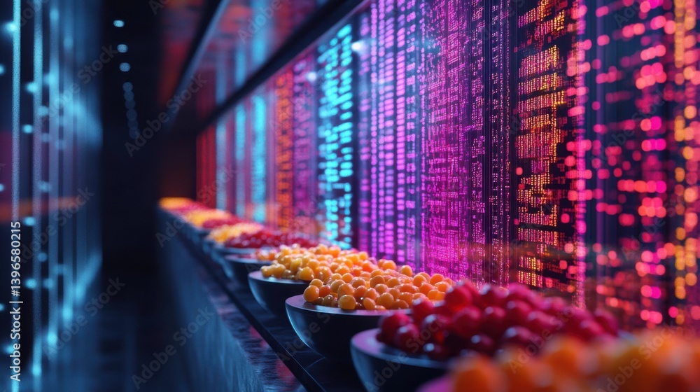 Poster A vibrant display of colorful fruits in bowls, contrasted with a backdrop of dynamic digital graphics, creating a modern, tech-inspired aesthetic.