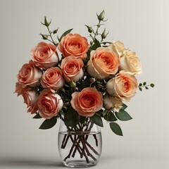 Obraz premium Lush peach roses and textured eucalyptus create a classic, romantic bouquet. Generative AI 