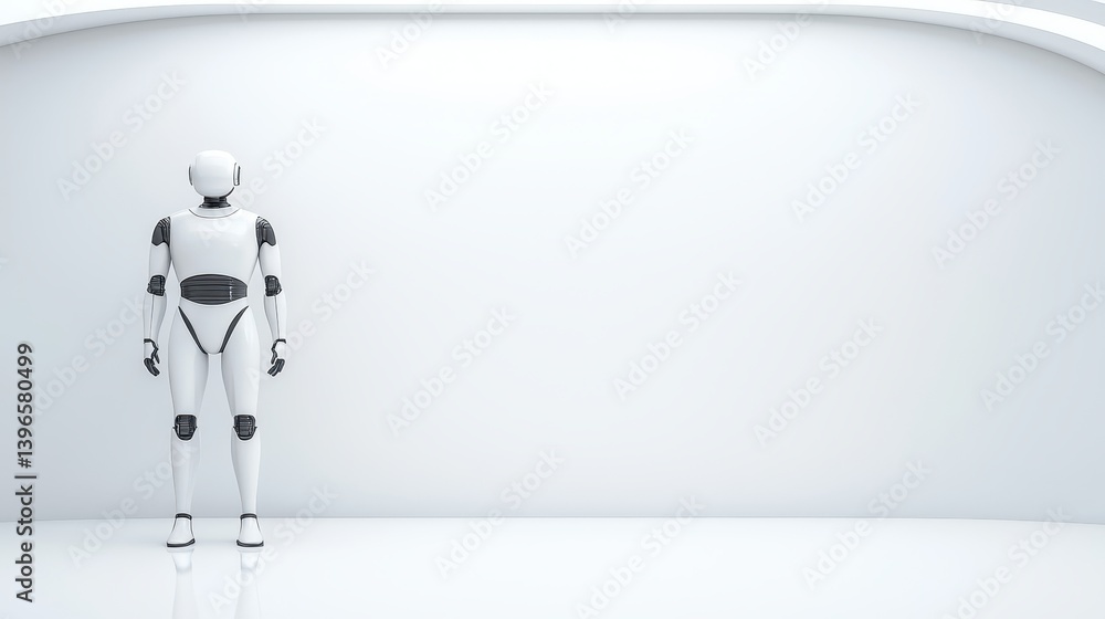 Poster a humanoid robot stands alone in a minimalistic, futuristic white space, showcasing technology and d