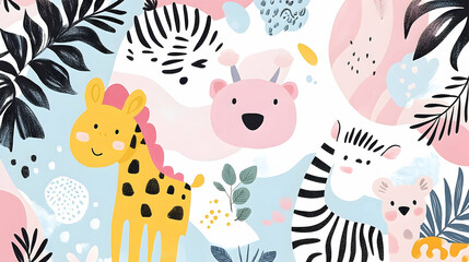 A playful jungle scene with adorable animals and plants.