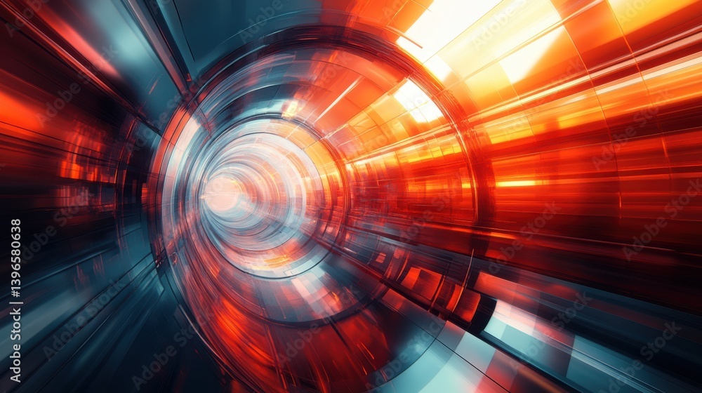 Poster a vibrant, abstract representation of a tunnel-like structure, blending red and blue hues with dynam