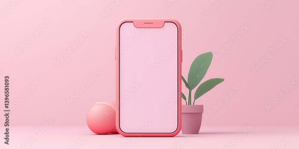 Poster a minimalistic scene featuring a pink smartphone and a small plant on a soft pink background, creati