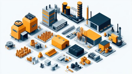 Obraz premium An illustrated industrial complex featuring various buildings, storage units, and machinery, predominantly in yellow tones, representing a modern manufacturing environment.