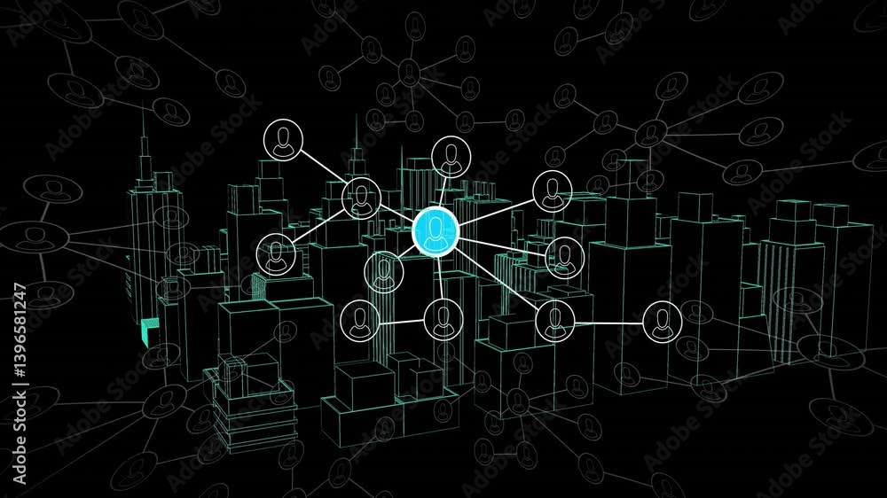 Poster network of connections and data processing animation over city skyline