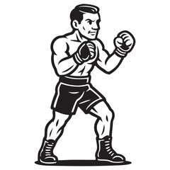 Boxer Mascot in Fighting Pose in Retro Monochrome Vector Style