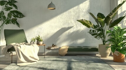 Sunlit, minimalist interior with lush plants, a cozy chair draped with a blanket, and a textured...