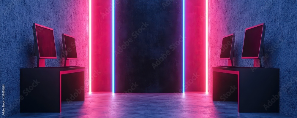Poster A futuristic room featuring four computers with neon lighting against a textured wall, creating a vibrant, immersive atmosphere.
