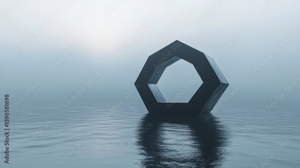 Poster a minimalist hexagonal structure emerges from calm waters, shrouded in mist, creating a serene and m