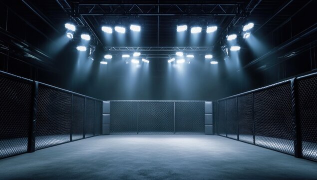 Illuminated Octagon: A Dark MMA Arena Ready for Combat
