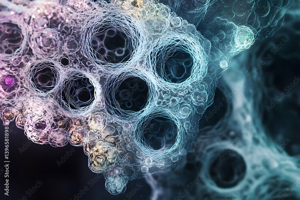 Poster a complex, interconnected network of abstract cellular structures.
