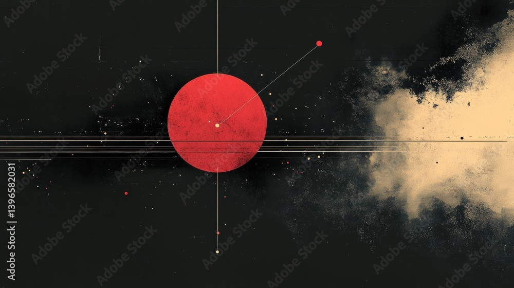 Poster an abstract design featuring a large red circle on a dark background, with lines and scattered parti