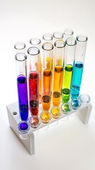 Colorful test tubes filled with liquids in various shades arranged in a laboratory setting, showcasing chemical experiments.