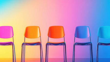 Colorful chairs lined against a gradient wall, creating a vibrant and modern atmosphere