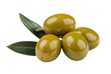 green olives with leaves on white background