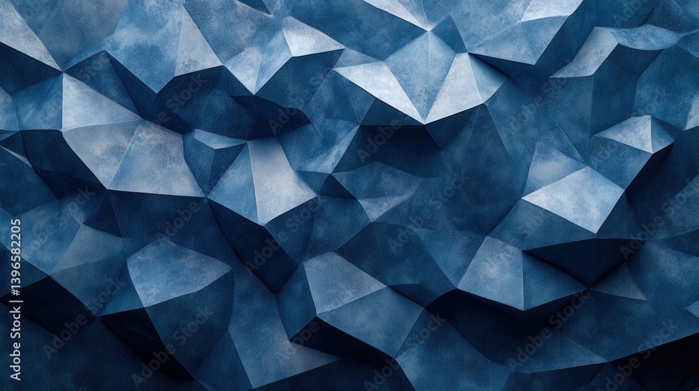Poster a close-up of a textured, abstract surface with geometric shapes in various shades of blue, creating