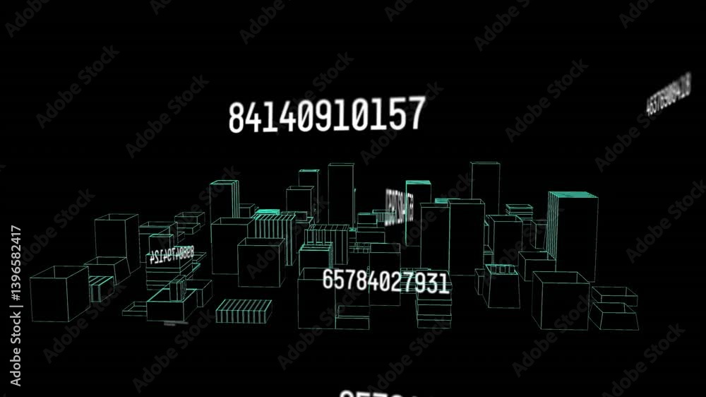Poster Animation of digital cityscape with floating numbers and data visualization