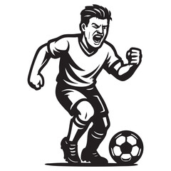 Naklejka premium Shouting Soccer Player Mascot with Ball in Energetic Crest Style