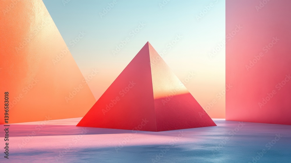Poster a vibrant scene featuring a pyramid surrounded by geometric shapes, illuminated by soft pastel color