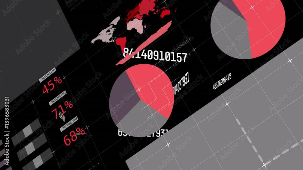 Poster displaying animation, world map with pie charts showing statistical data in school