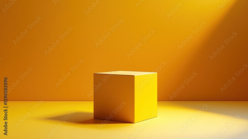 Poster a vibrant yellow cube is illuminated against a matching background, creating a minimalist and striki
