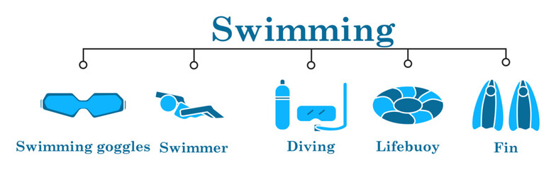 Swimming banner web icon vector illustration concept with icon of swimming goggles,swimmer,diving,lifebouy,fin