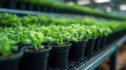 Rows of Fresh Young Seedlings Thriving in Pots Inside a Controlled Greenhouse