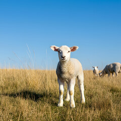Obraz premium Curious Lamb in Golden Meadow, Sunny Day