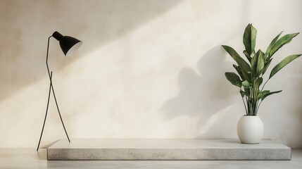 Minimalist scene with a sleek black lamp and lush green plant on a stone platform against a soft,...