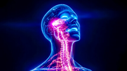Cybernetic voice modulation implant glowing in human head and neck