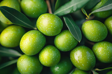 Obraz premium Green olives with leaves in a rustic wooden bowl, showcasing a Mediterranean-inspired food display.