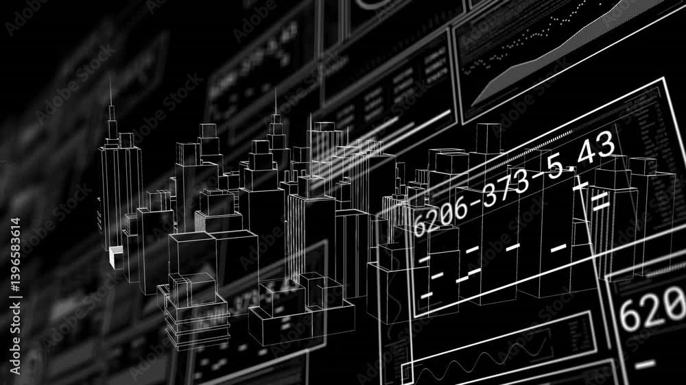 Poster monochrome cityscape with geometric structures and digital data in animation design