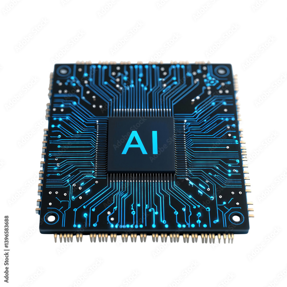 Poster advanced ai microchip technology futuristic circuit board with glowing blue pathways and central