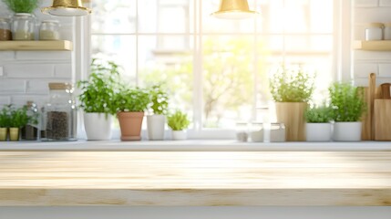 Bright and Clean Wooden Tabletop in Modern Kitchen Setting