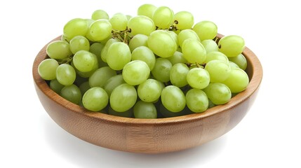 Wooden Bowl Filled with Fresh Green Grapes Isolated on White Background