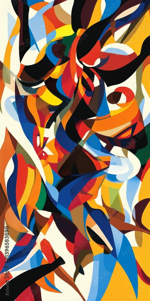 Poster abstract painting with bold colors and dynamic shapes creating a sense of movement.