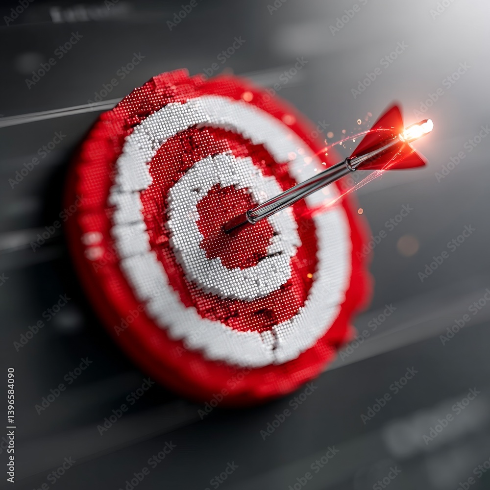 Poster arrow hitting center of pixelated target: achieving goals with precision and strategic focus, demons