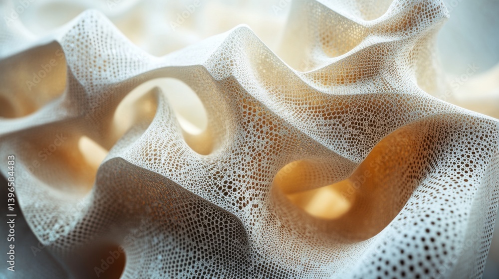 Poster a close-up view of textured, flowing material showcasing intricate patterns and soft curves, illumin