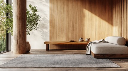 Minimalist interior with warm wood paneling, a neutral daybed, and textured rug. Natural light and a potted plant create a serene atmosphere