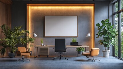 A modern, stylish office space featuring minimalistic furniture, large windows, and decorative plants for a fresh ambiance.