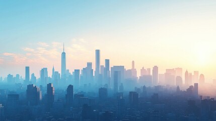 A serene skyline at sunrise, showcasing a blend of modern buildings illuminated by soft light against a clear blue sky.