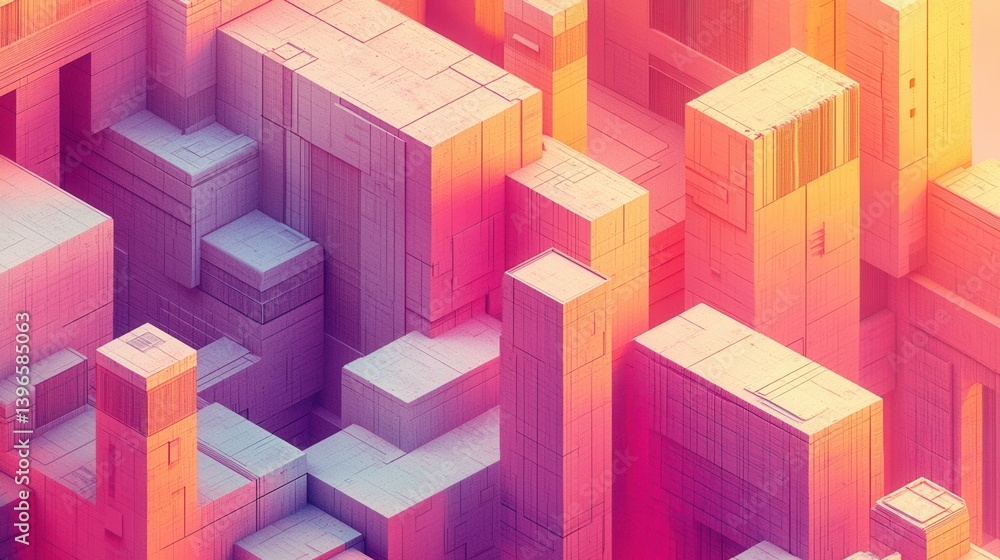 Poster a vibrant abstract composition of geometric structures, showcasing a mix of colors and forms in a di