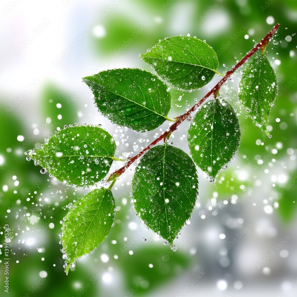 Poster fresh spring leaves with sparkling water droplets on a branch in a dreamy, soft-focused backdrop