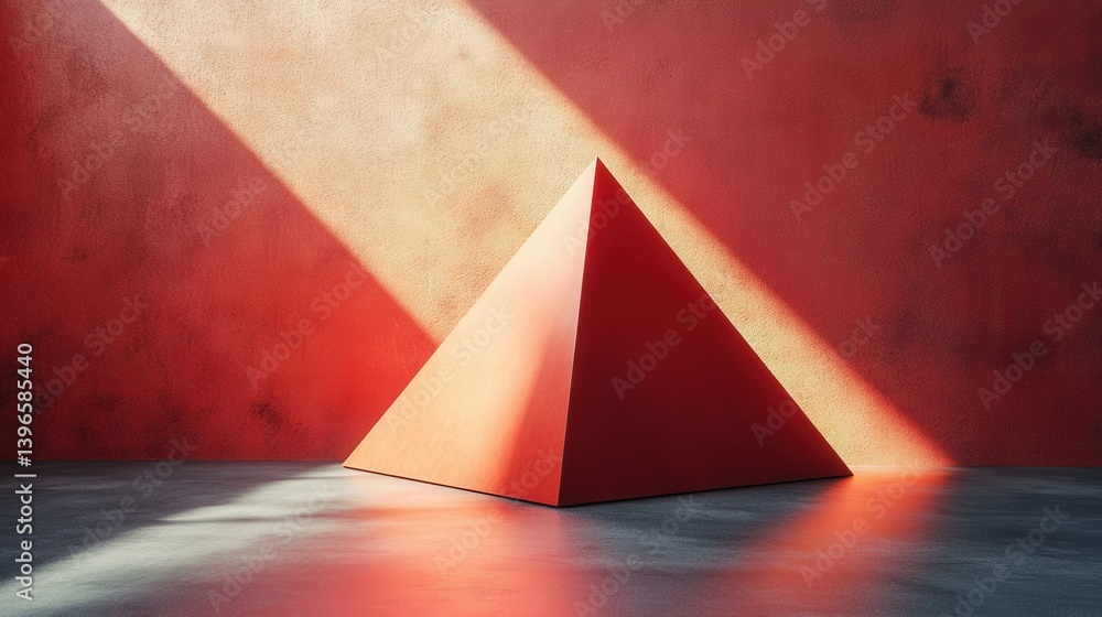 Poster a striking red pyramid sits on a dark surface, illuminated by beams of light, creating an intriguing