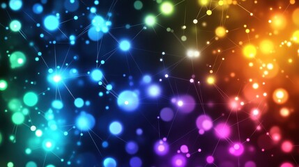 Vibrant abstract background featuring colorful glowing orbs and interconnected lines in a dark space