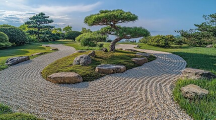 Serene Zen Garden with Curved Pathway and Graceful Pine Tree